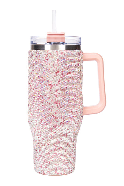 Bling Bling 40 oz Stainless Steel Pink Rhinestone Thermo Bottle with Handle & Straw