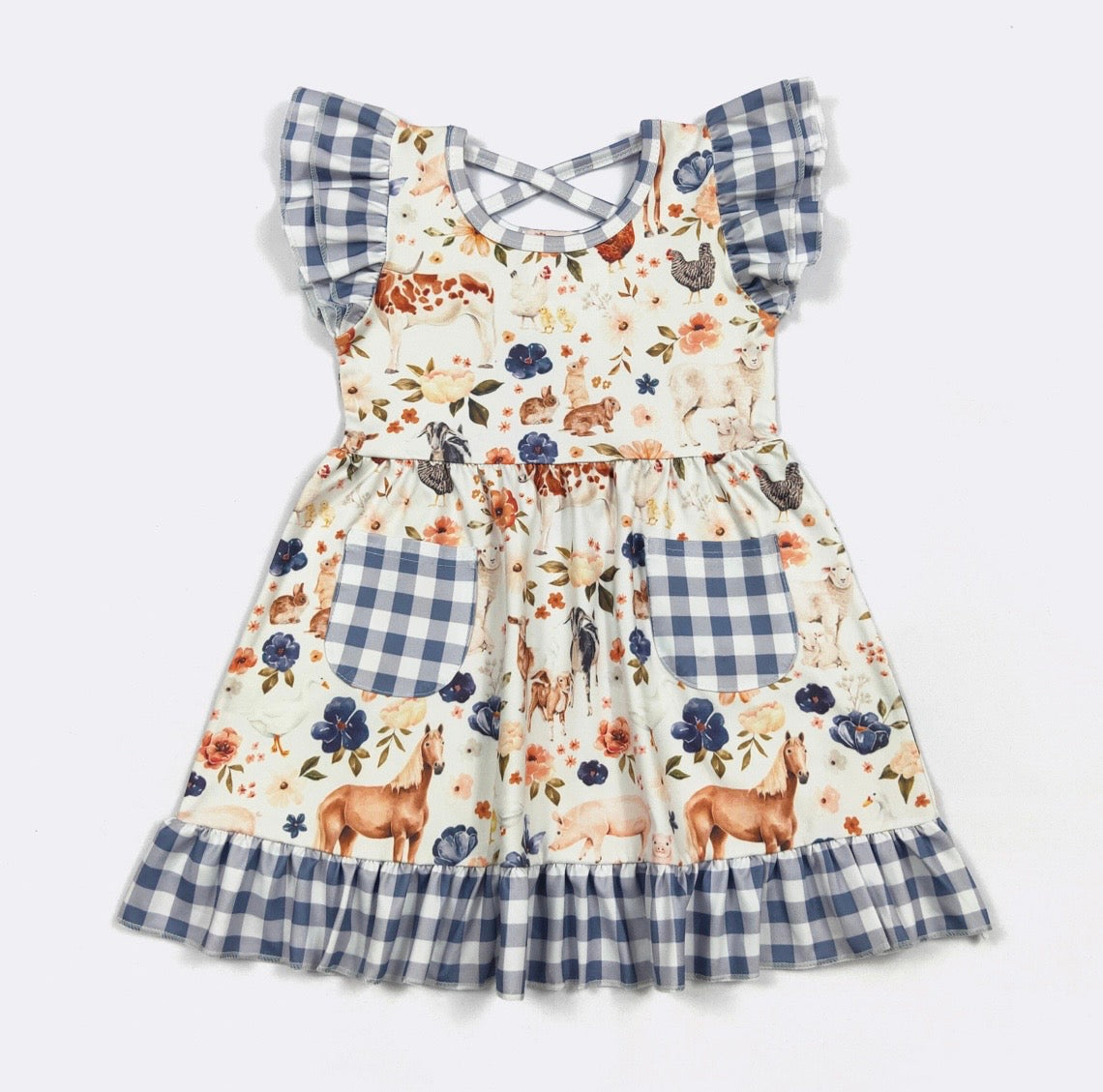 Clothing for Toddler Girl - Blue Plaid Farm Girls Dress