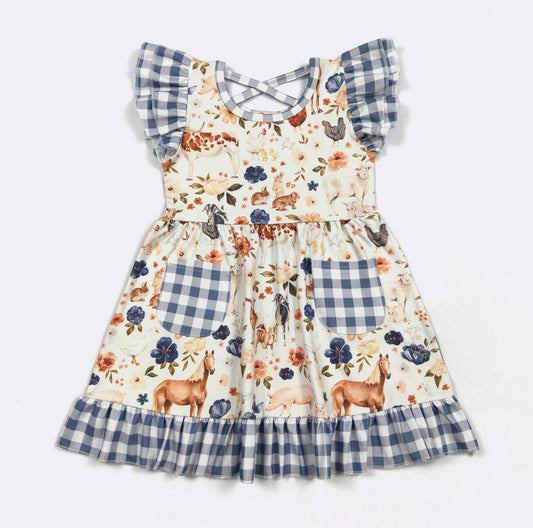 Clothing for Toddler Girl - Blue Plaid Farm Girls Dress