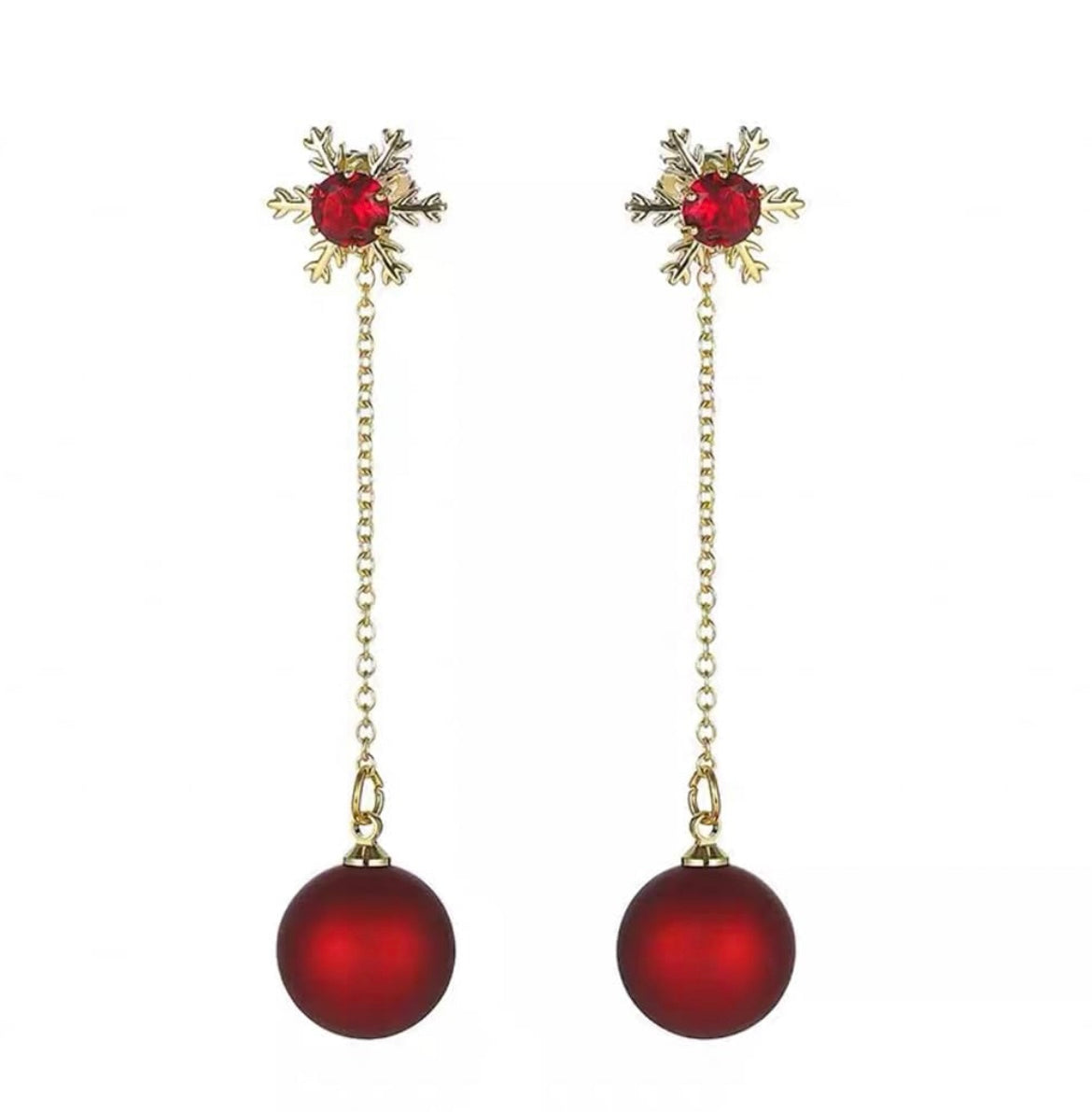 Dangle Gift Snowflake Long Stud Tassel Jewelry Earrings with red pearl and red rhinestone