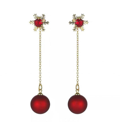 Dangle Gift Snowflake Long Stud Tassel Jewelry Earrings with red pearl and red rhinestone