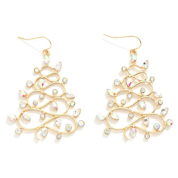 Gold Tone Curvy Christmas Tree Drop Earrings With Iridescent Rhinestone Christmas Lights