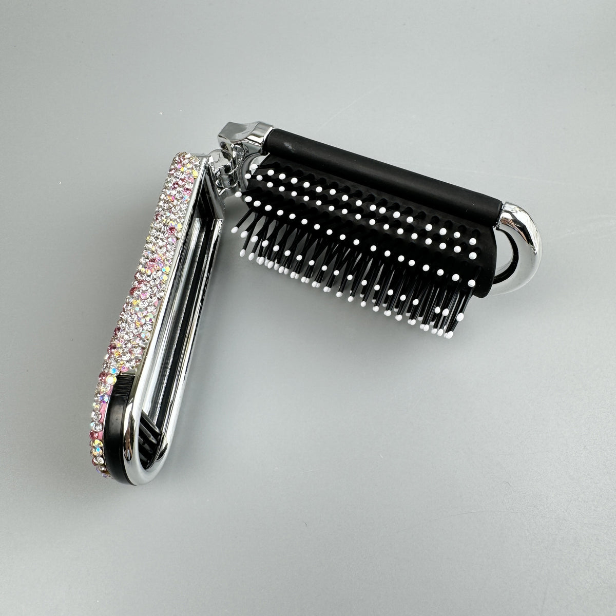 Bling Bling Handmade Pink Rhinestone Foldable Travel Hair Brush and Mirror