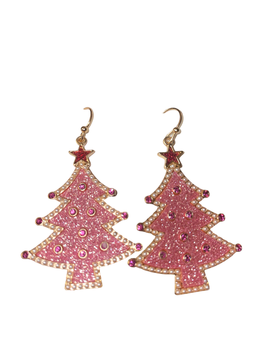 Pink Christmas Tree Sparkle Earrings