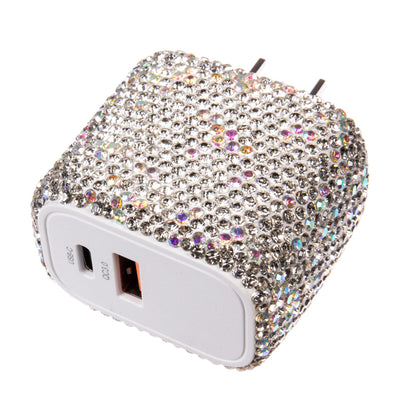 Bling Bling Handmade Silver AB Rhinestone USB & Type C Dual Wall Charger