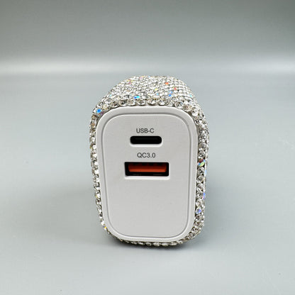 Bling Bling Handmade Silver AB Rhinestone USB & Type C Dual Wall Charger