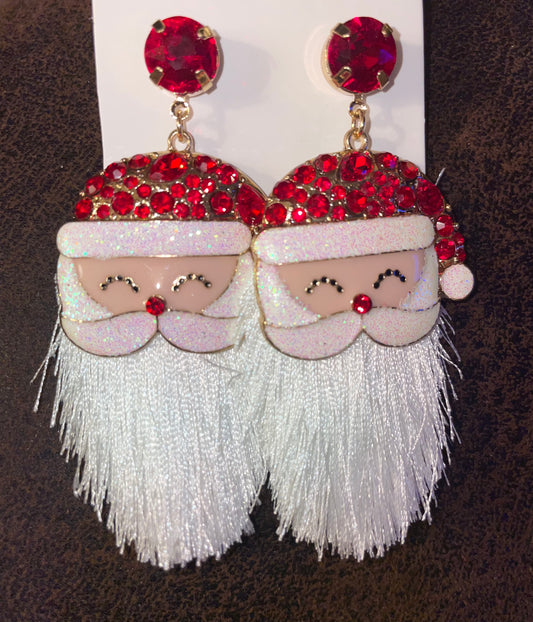 Fringe Beard Santa Earrings with red rhinestones