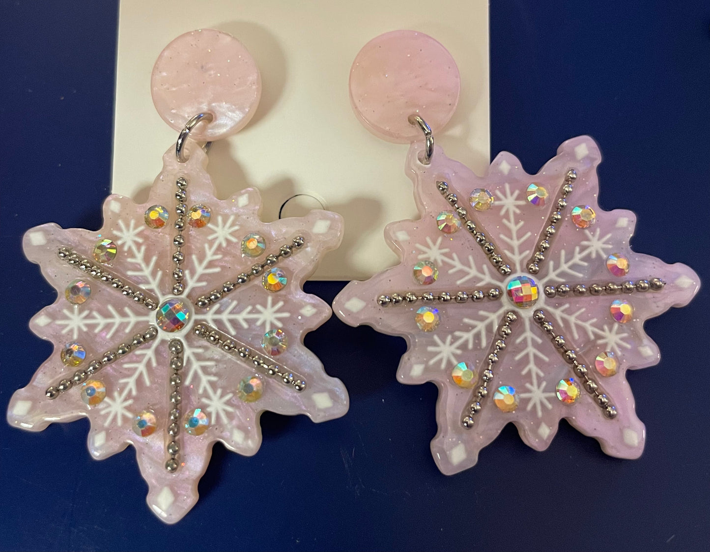 Pink Snowflake Resin Earrings with Iridescent Rhinestones