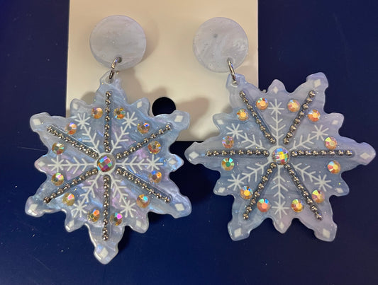 Blue Snowflake Resin Earrings with Iridescent Rhinestones