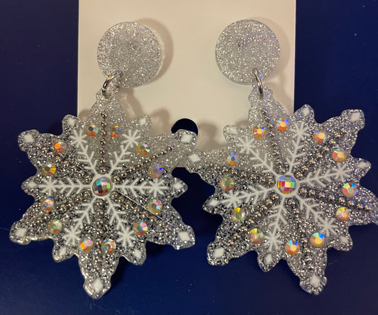 Silver / White Snowflake Resin Earrings with Iridescent Rhinestones