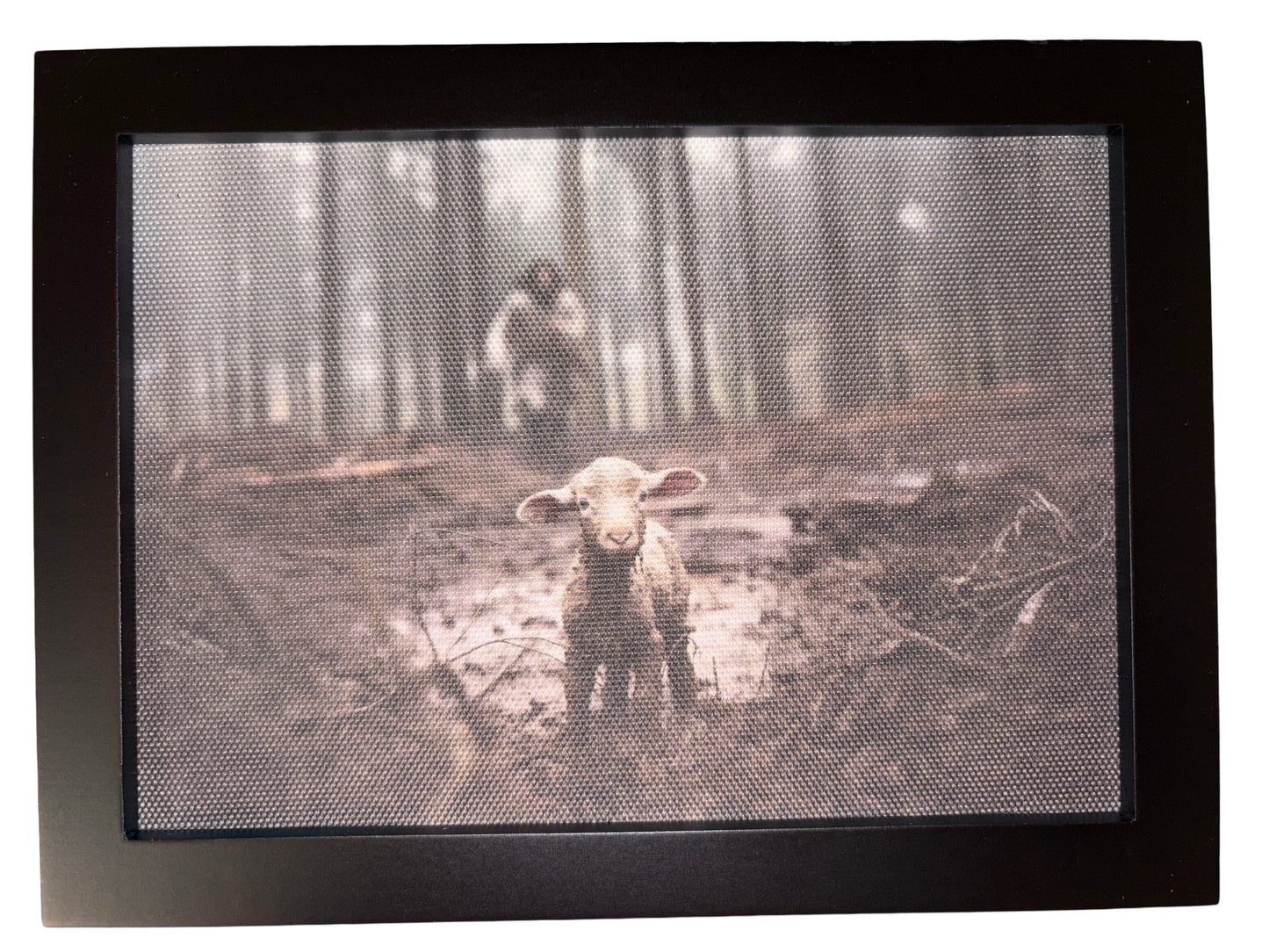 Framed Canvas - Good Shepherd Chasing Lost Lamb. 7 3/4 x 5 3/4