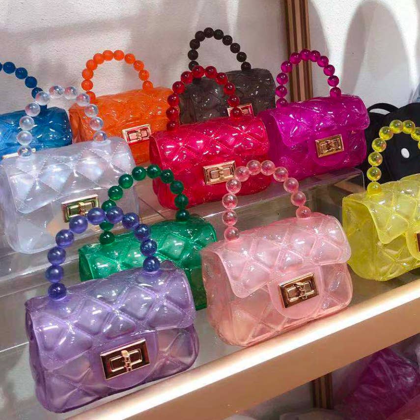 Mini Jelly Plastic Purse / Bag with Beaded Handle & Gold Chain available in 7 colors