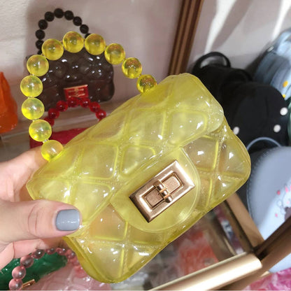 Mini Jelly Plastic Purse / Bag with Beaded Handle & Gold Chain available in 7 colors