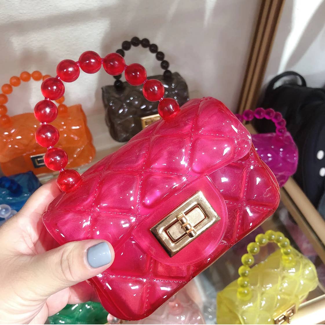 Mini Jelly Plastic Purse / Bag with Beaded Handle & Gold Chain available in 7 colors
