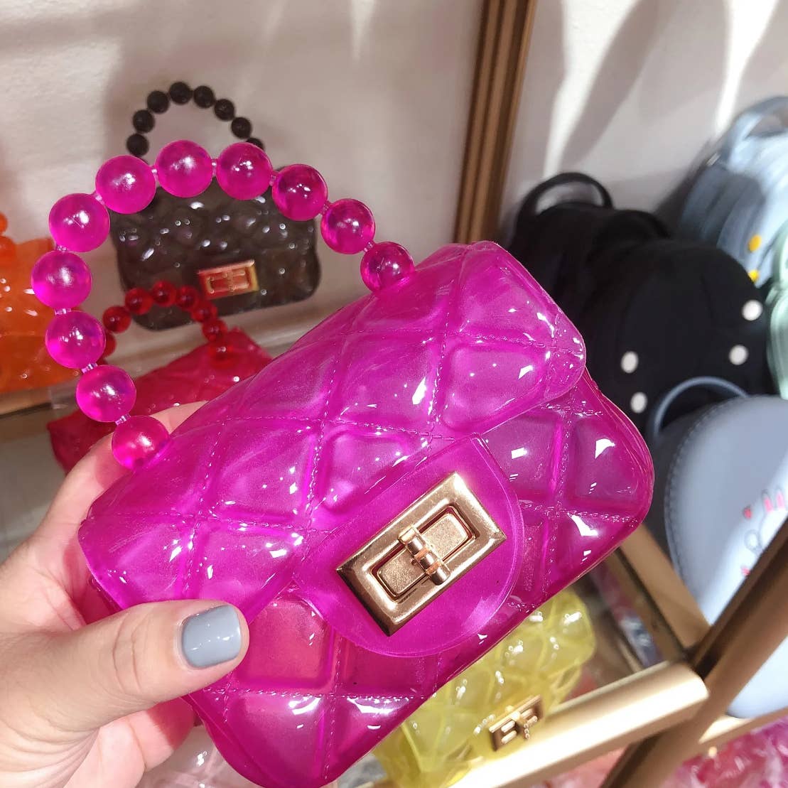 Mini Jelly Plastic Purse / Bag with Beaded Handle & Gold Chain available in 7 colors