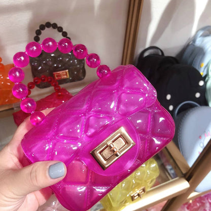 Mini Jelly Plastic Purse / Bag with Beaded Handle & Gold Chain available in 7 colors