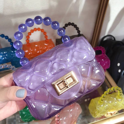 Mini Jelly Plastic Purse / Bag with Beaded Handle & Gold Chain available in 7 colors