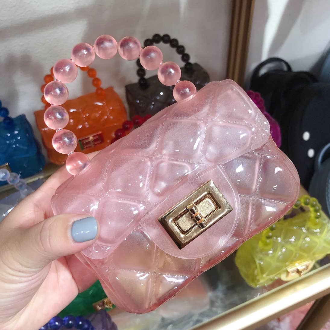 Mini Jelly Plastic Purse / Bag with Beaded Handle & Gold Chain available in 7 colors