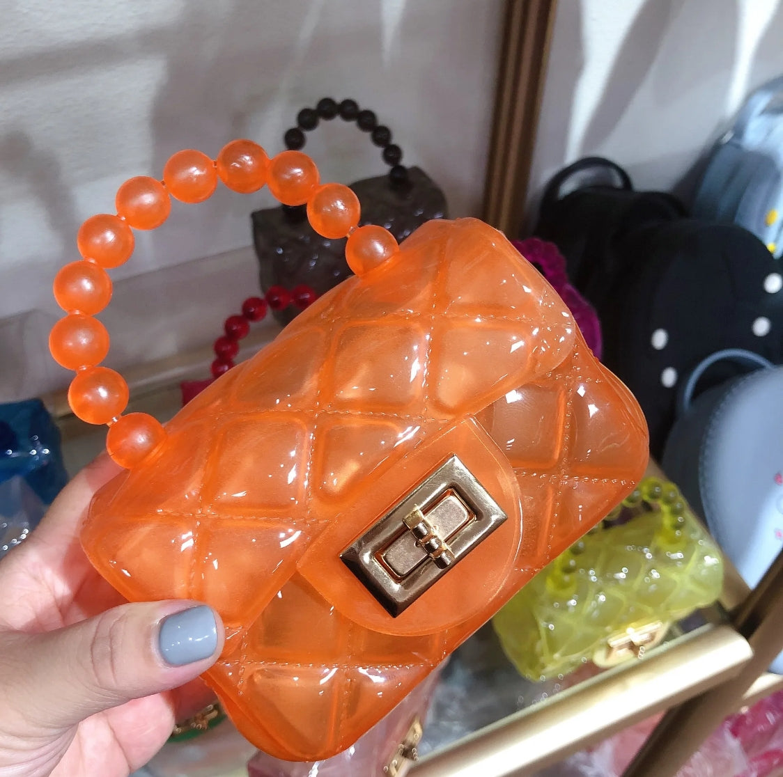 Mini Jelly Plastic Purse / Bag with Beaded Handle & Gold Chain available in 7 colors