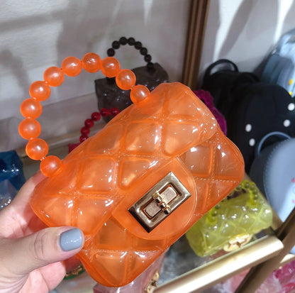 Mini Jelly Plastic Purse / Bag with Beaded Handle & Gold Chain available in 7 colors