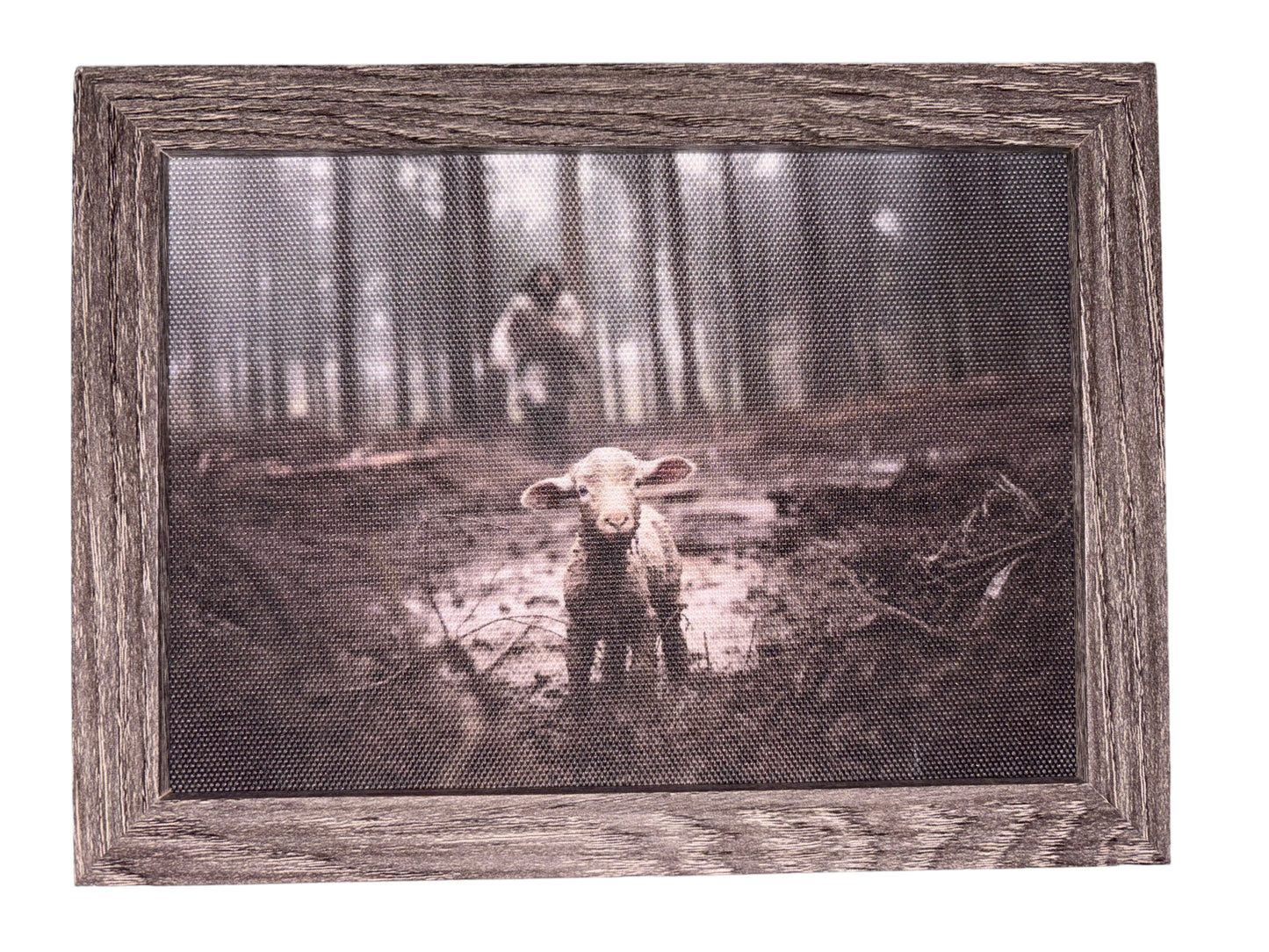 Framed Canvas - Good Shepherd Chasing Lost Lamb. 7 3/4 x 5 3/4