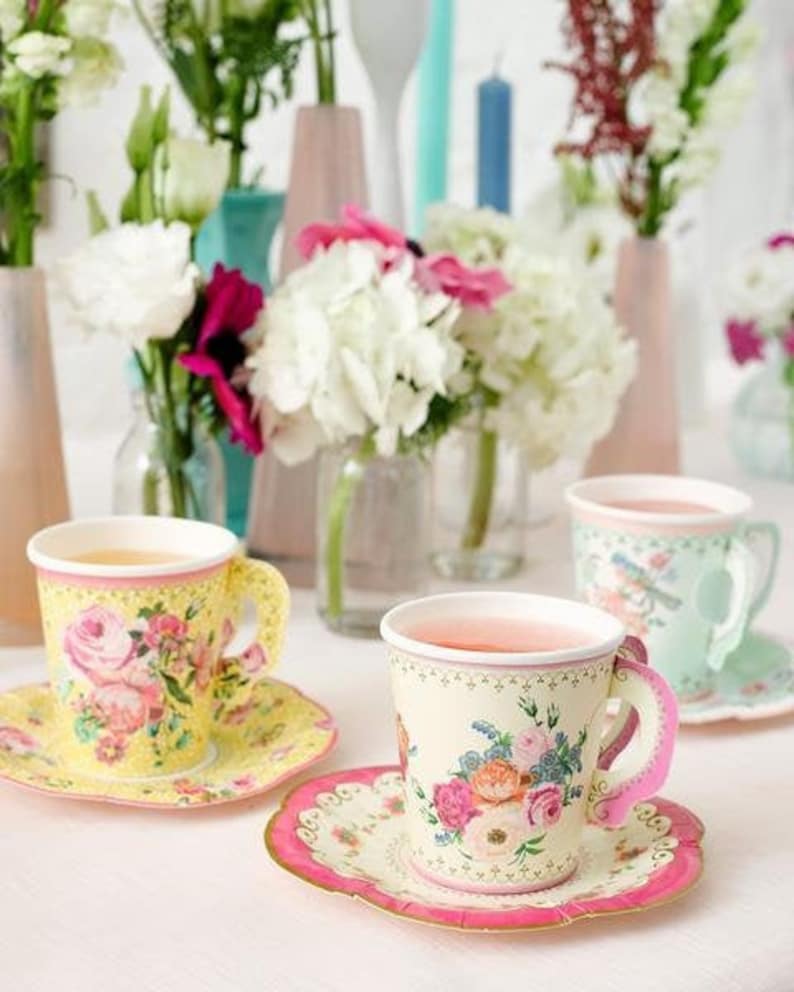 12 CT Tea Party Cups with Saucers | Vintage Tea Cups with Saucers | Paper Tea Cups and Plates Talking Tables