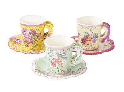 12 CT Tea Party Cups with Saucers | Vintage Tea Cups with Saucers | Paper Tea Cups and Plates Talking Tables