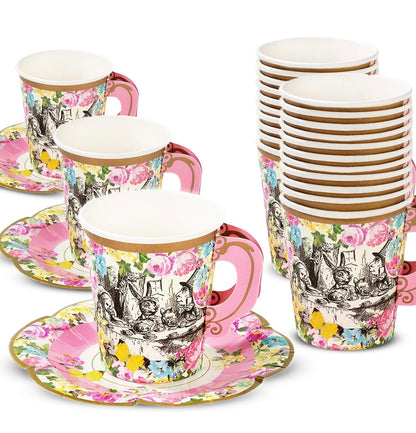 Talking Tables Truly Alice - Alice in Wonderland Mad Hatter Party Cup Set with Handle and Saucers in 3 Designs for a Tea Party or Birthday