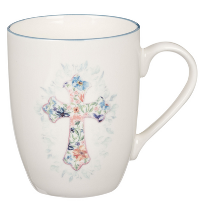 Blue Floral Cross Ceramic Coffee Mug