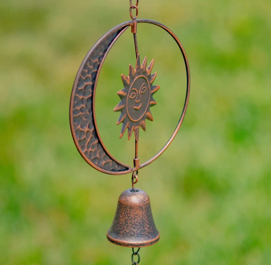 Rain Chain - 76" Long Antique Bronze with Crescent Moon & Sun Windchime