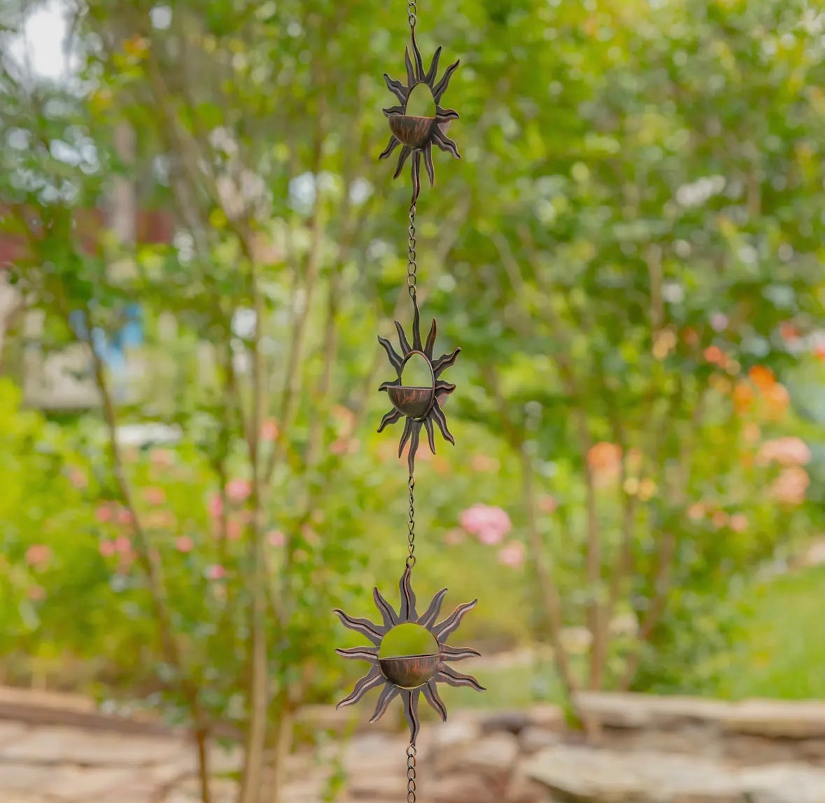 Rain Chain - 76.25 Inch Long Antique Bronze with Bohemian Sun & Moon