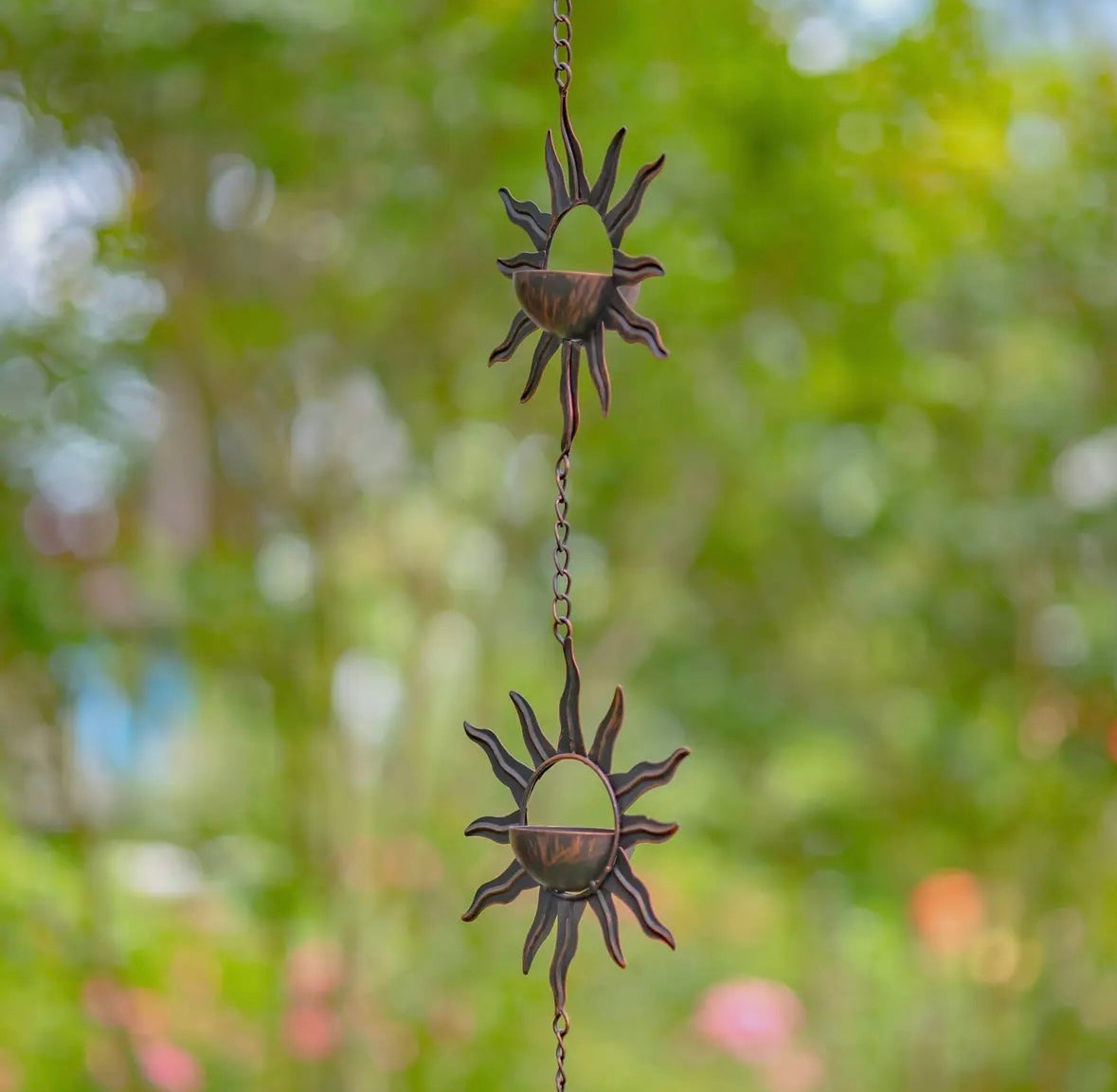 Rain Chain - 76.25 Inch Long Antique Bronze with Bohemian Sun & Moon