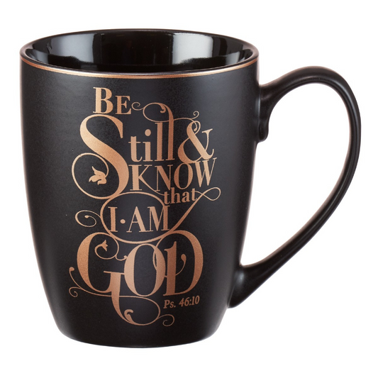 Be Still Matte Black and Metallic Gold Ceramic Coffee Mug - Psalm 46:10