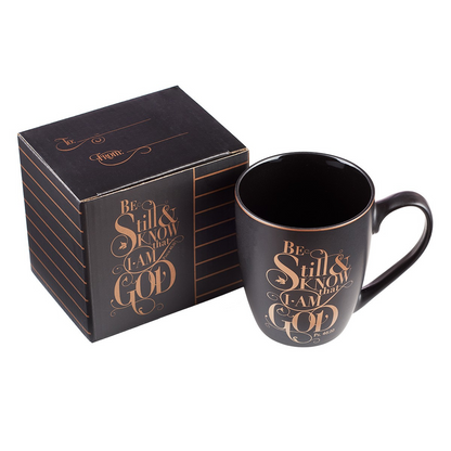 Be Still Matte Black and Metallic Gold Ceramic Coffee Mug - Psalm 46:10