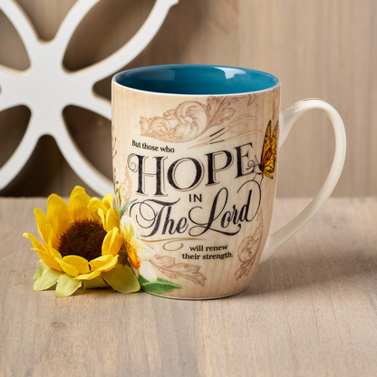Hope in the LORD Mediterranean Blue Floral Ceramic Mug - Isaiah 40:3