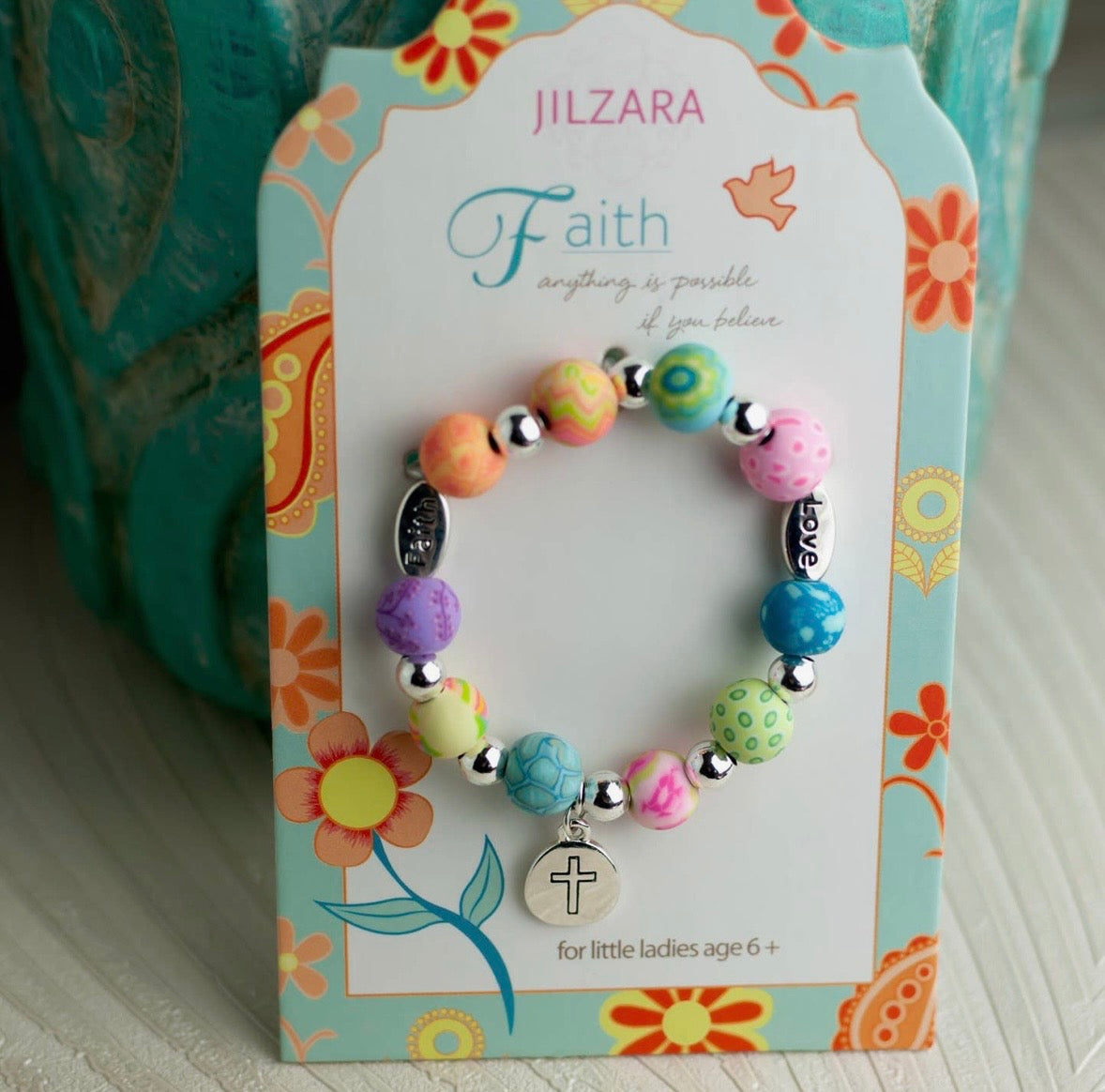 Faith Youth Bracelet - Cross Charm - Handmade Polymer Clay Beads