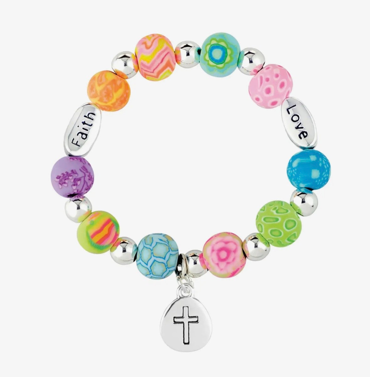 Faith Youth Bracelet - Cross Charm - Handmade Polymer Clay Beads
