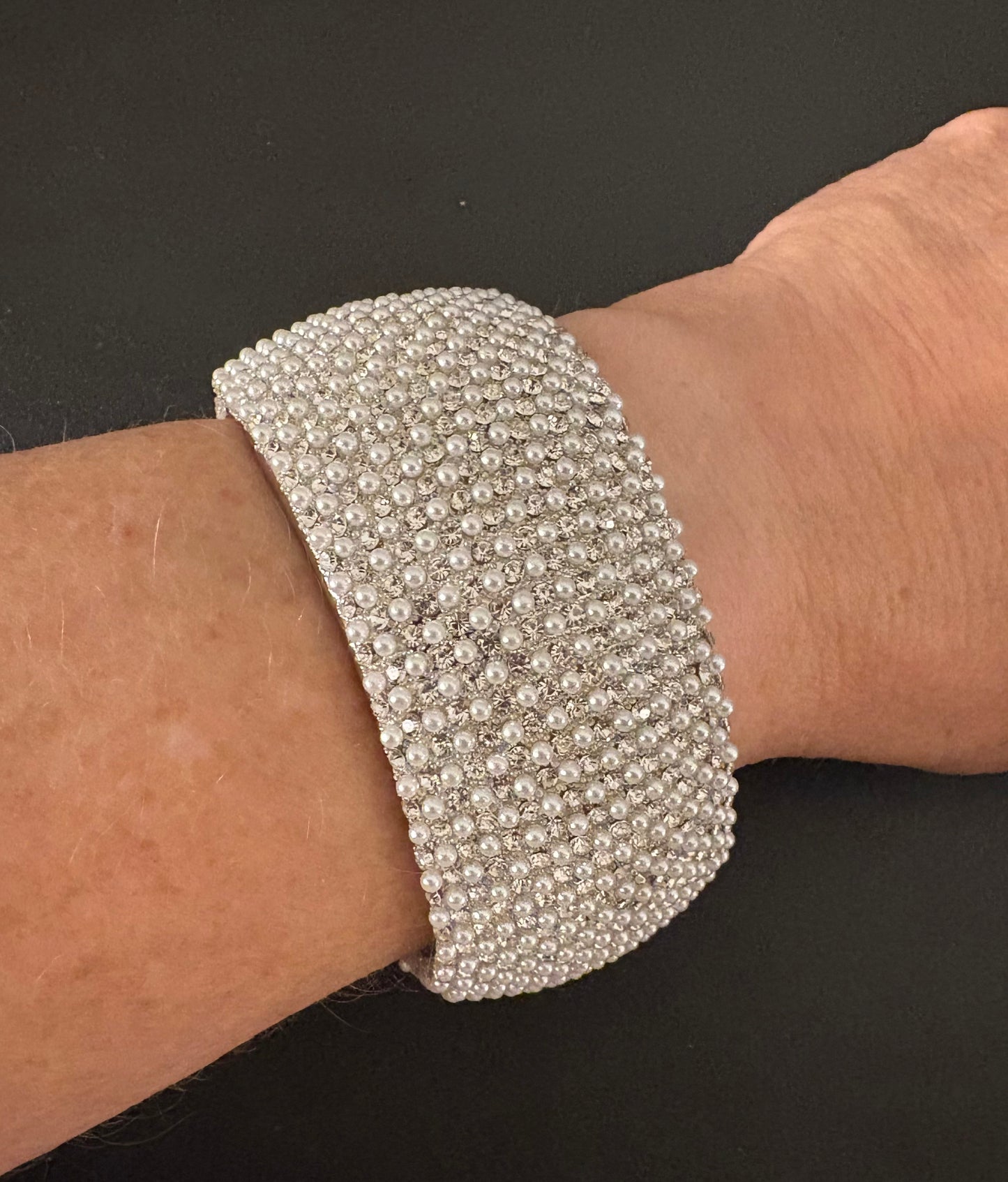 Bracelet - Hinged Silver Bangle with pearls and rhinestones