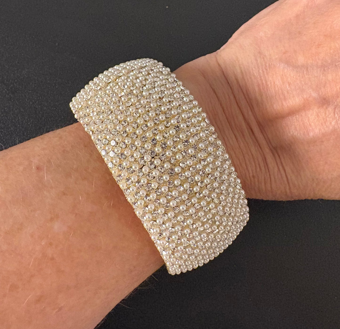 Bracelet - Hinged Gold Bangle with pearls and rhinestones
