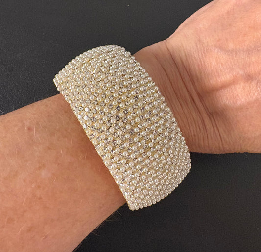 Bracelet - Hinged Gold Bangle with pearls and rhinestones