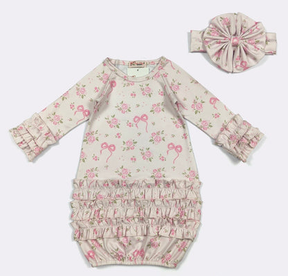 Clothing for Baby Girl - Pink Rosebud Bow Baby Gown