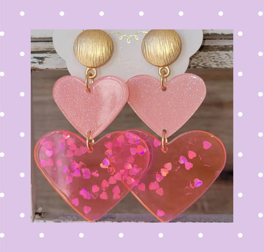 Love You More Acrylic Heart Earrings with Sparkle