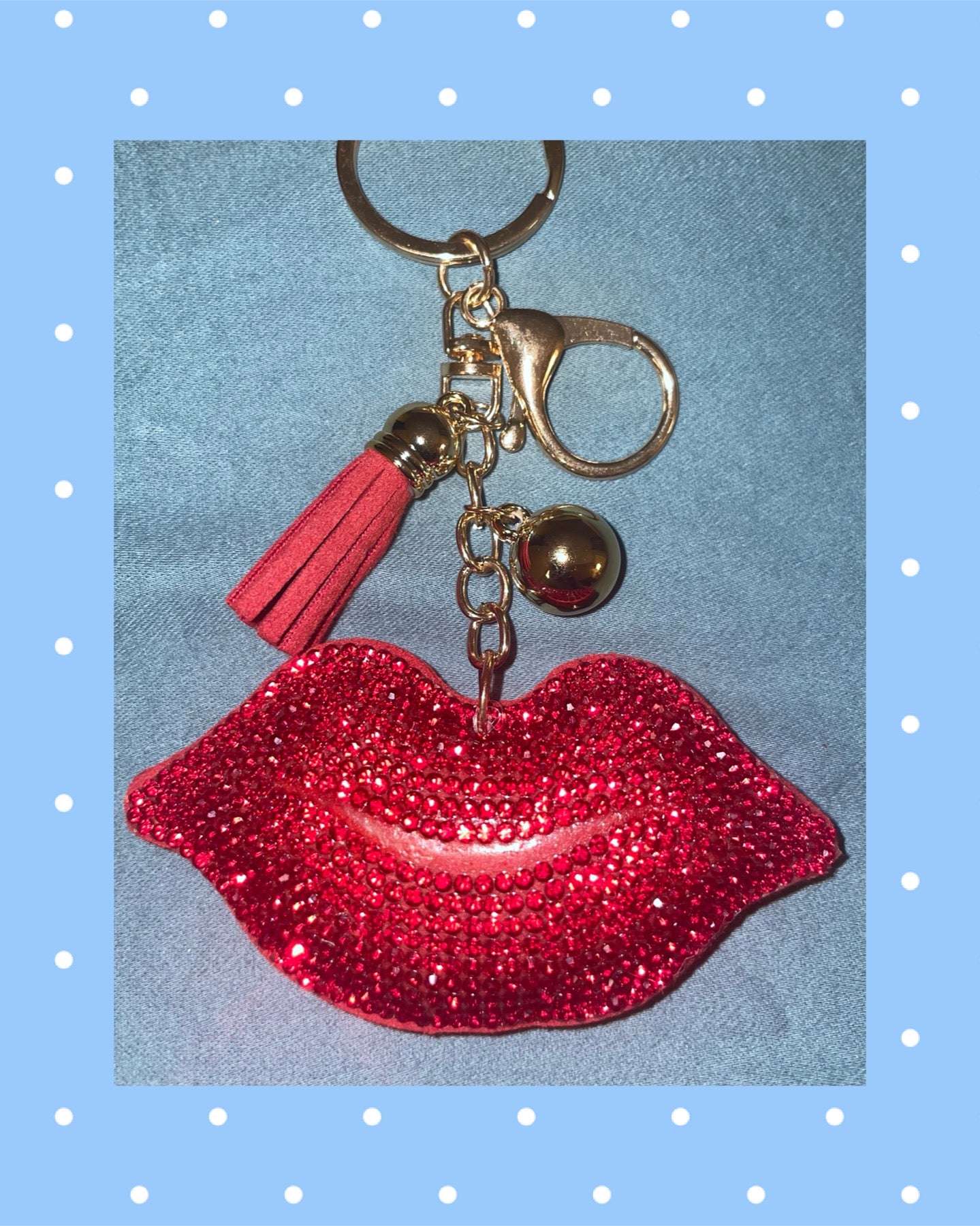 Bling Rhinestone red lips Puffy Tassel Keychain Purse Charm