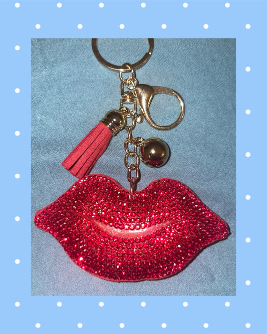 Bling Rhinestone red lips Puffy Tassel Keychain Purse Charm