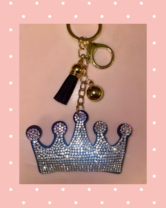 Bling Silver Rhinestone Crown Puffy Tassel Keychain Purse Charm