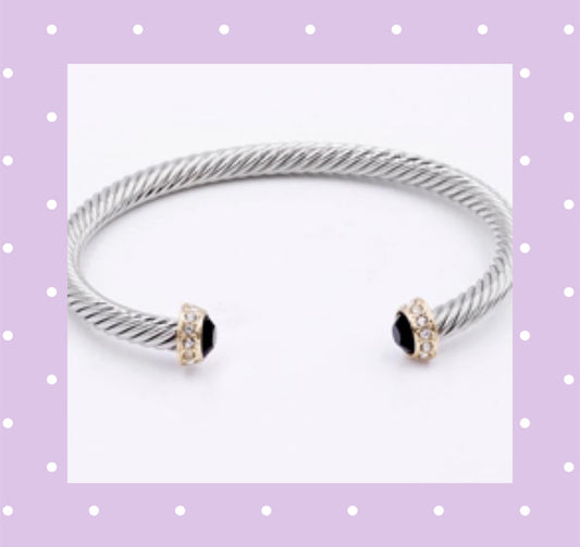 Designer Style Amethyst Color End Tip Silver Cable Cuff Bracelet