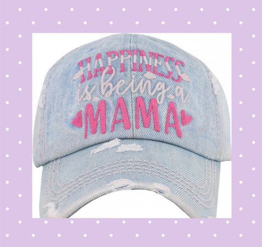 Distressed Hat Happiness is being a Mama light denim baseball cap, women’s ball cap, messy hair cap