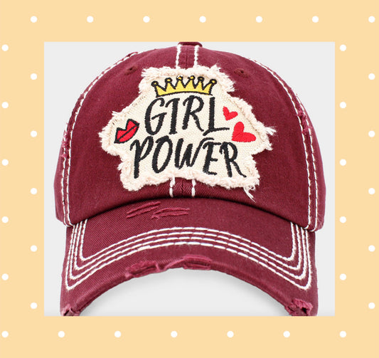 Distressed Know Girl Power maroon hat, baseball cap, women’s ball cap, messy hair cap