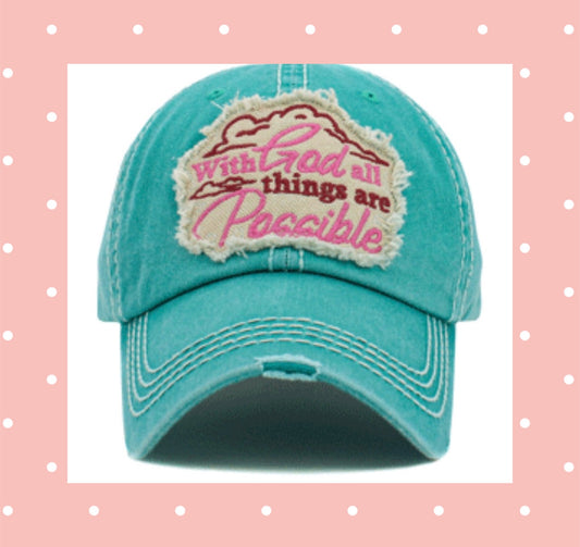 Distressed With God All things are possible turquoise hat, baseball cap, women’s ball cap, messy hair cap