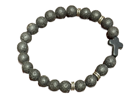 Black lava stretch stone bracelet with cross